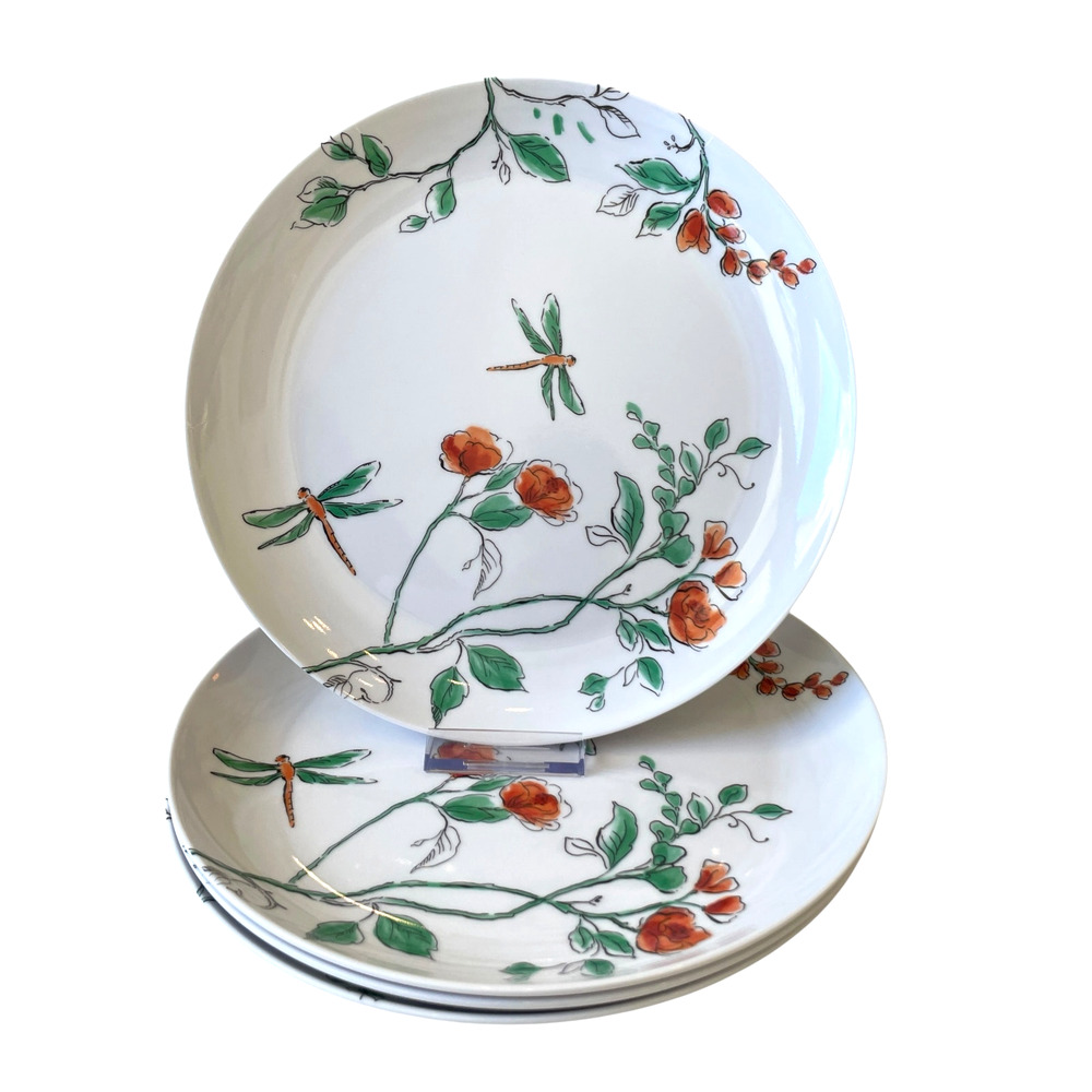 Martha Stewart Dragonfly Floral Melamine Salad Plates 8.5in Set of 4 New
